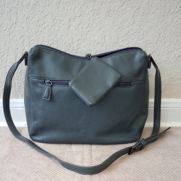 Colleta Handbags - GRAY LEATHER CROSSBODY BAG & POUCH